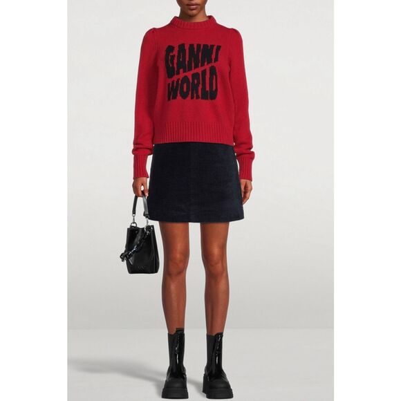 GANNI World Graphic Wool Blend Sweater In Barbados Cherry - Picture 2 of 9